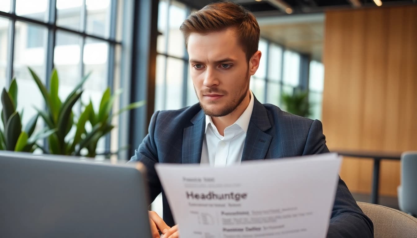 Headhunter Ingenieure reviewing a candidate's resume in a modern office environment.