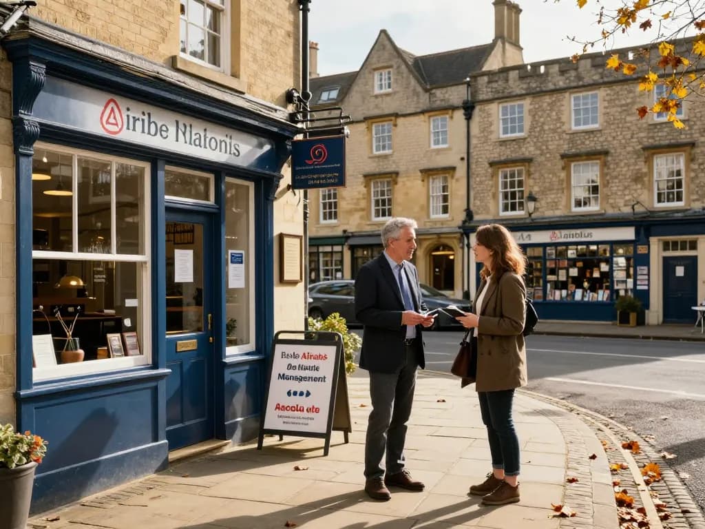 Engaging discussion on Airbnb management in Oxford with local expert Dan and homeowner outside charming rental.