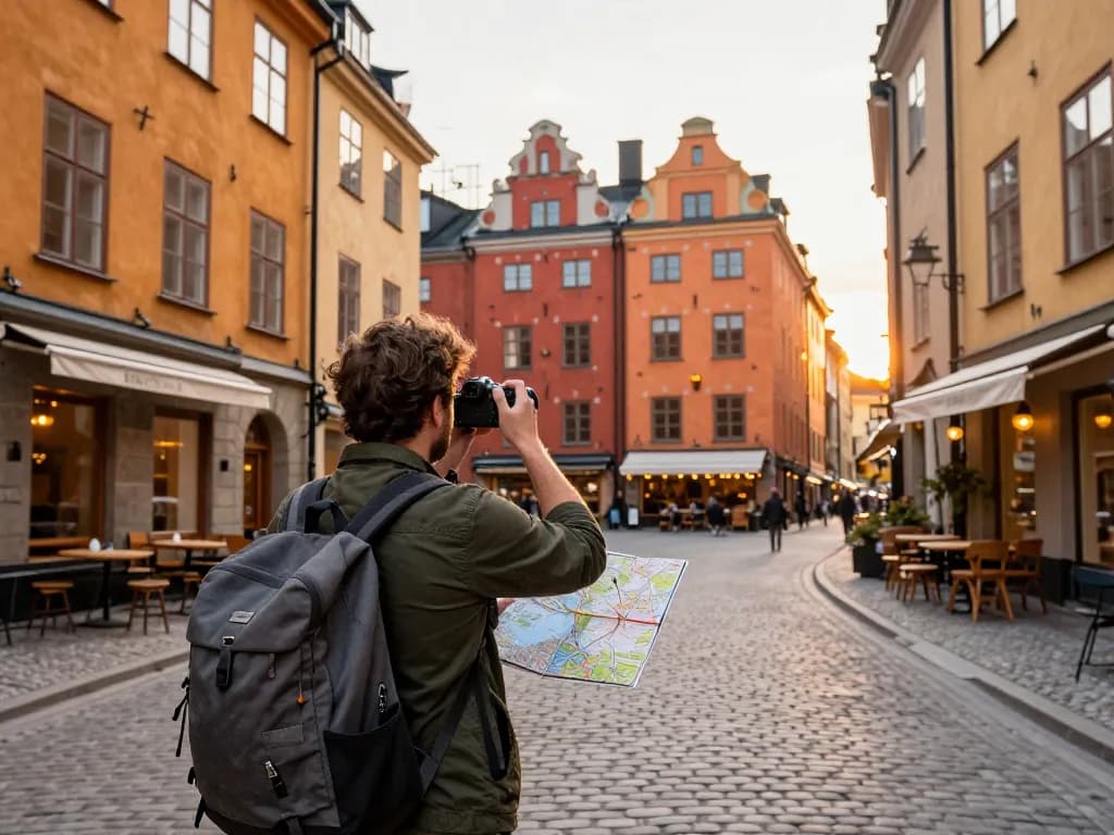 Reisetipps Stockholm Reisender genießt die historischen Straßen von Gamla Stan während des Sonnenuntergangs.