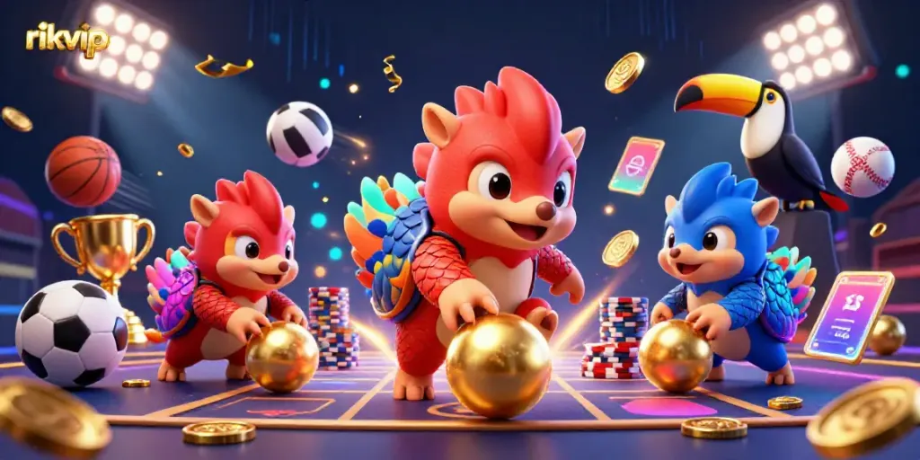 Experience thrilling gameplay with rikvip as rival pangolins compete amidst flying sports balls and golden rewards.