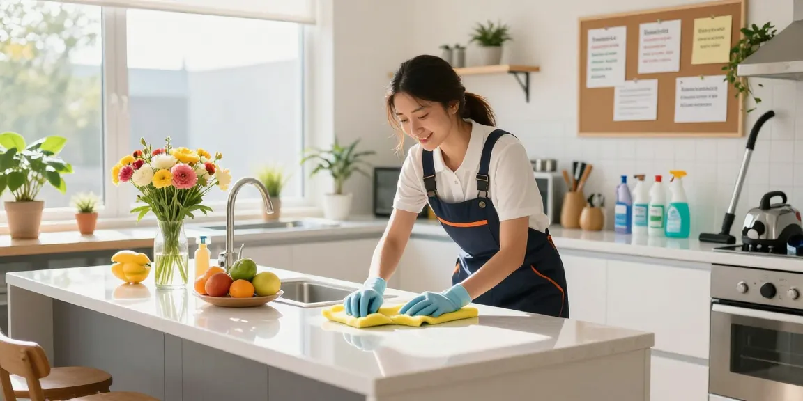 Expert cleaner at putzinstitut bern showcasing a sparkling kitchen space.