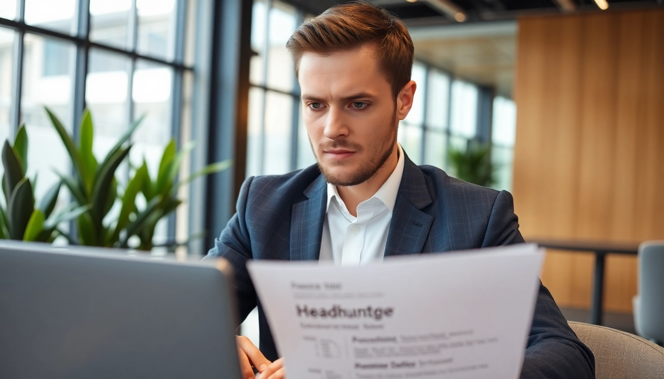 Headhunter Ingenieure reviewing a candidate's resume in a modern office environment.
