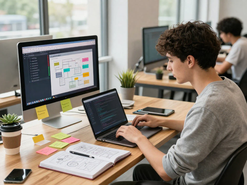 Smartphone app development workspace showcasing http://debet-app.com with developers coding in a vibrant tech atmosphere.
