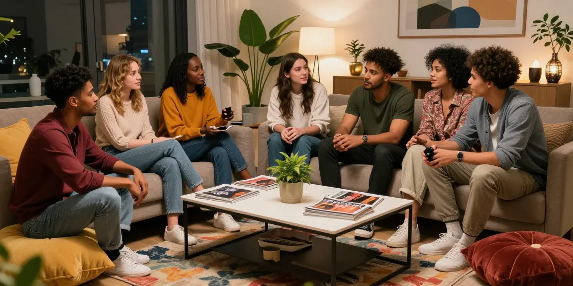 Engaging urban lifestyle moment featuring friends discussing trendy insights from wissenmagazine.de in a cozy living room.