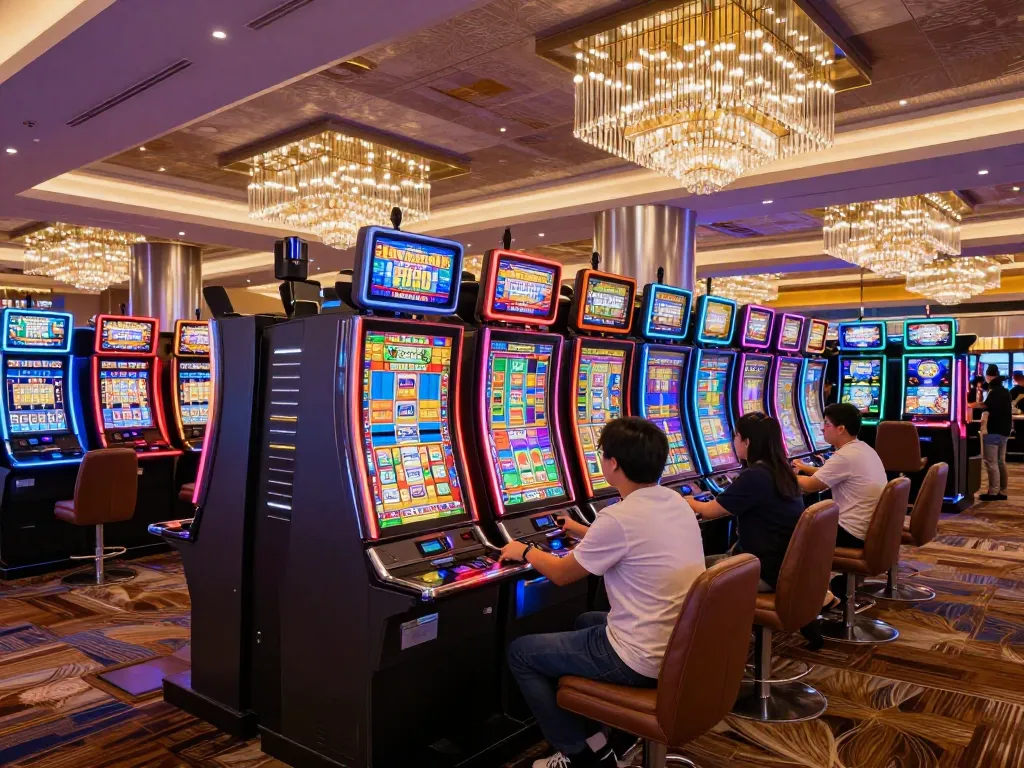 Players enjoying thrilling slots at ee88go with colorful machine displays and vibrant atmosphere.