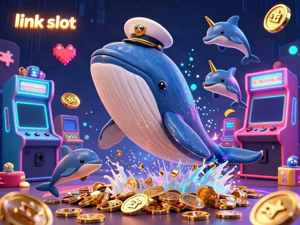 Play thrilling link slot games in a vibrant casino scene featuring a whale and dolphins.