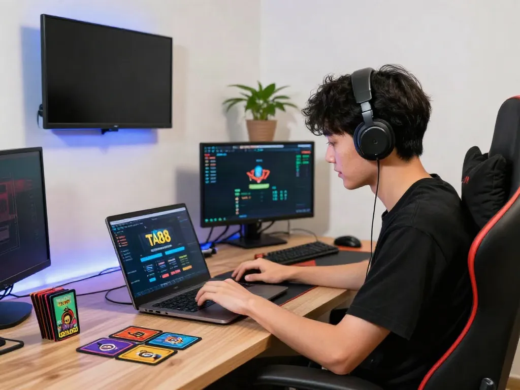 The user engaging with the TA88 network on a laptop in a vibrant online gambling environment.