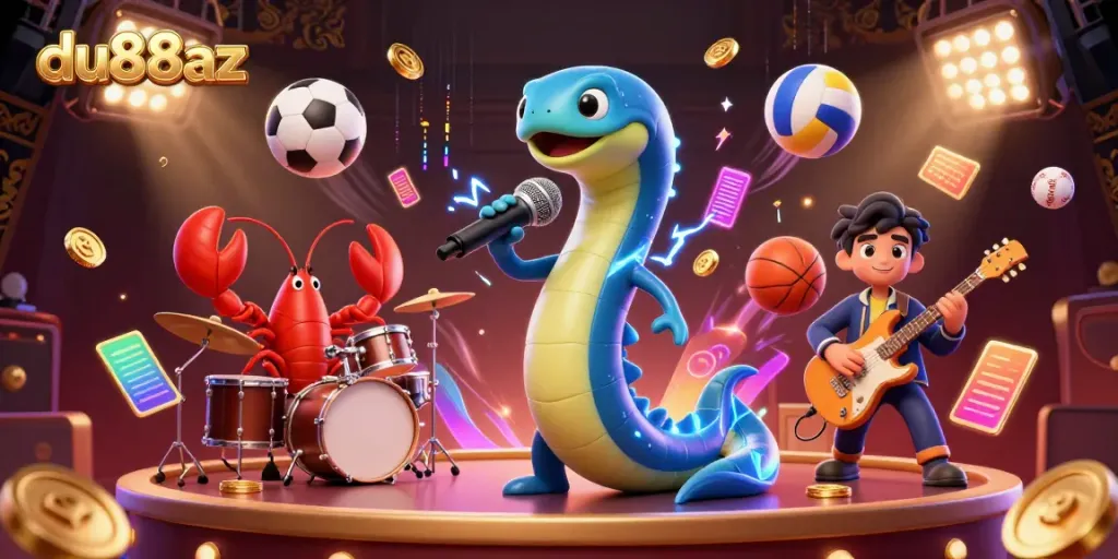 Experience excitement as the 3D electric eel DJ rocks the underwater casino stage in du88az, surrounded by sports elements.