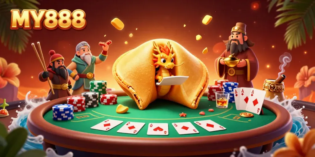 Engage with MY888's vibrant golden fortune cookie scene, showcasing exciting poker elements.