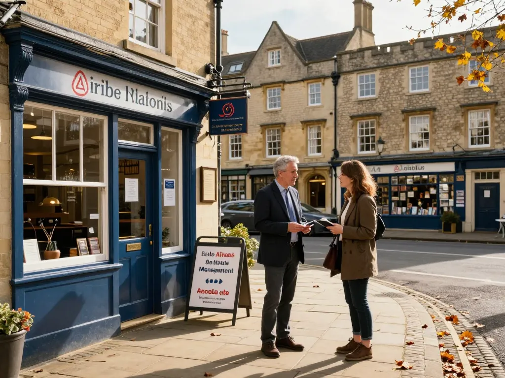 Engaging discussion on Airbnb management in Oxford with local expert Dan and homeowner outside charming rental.