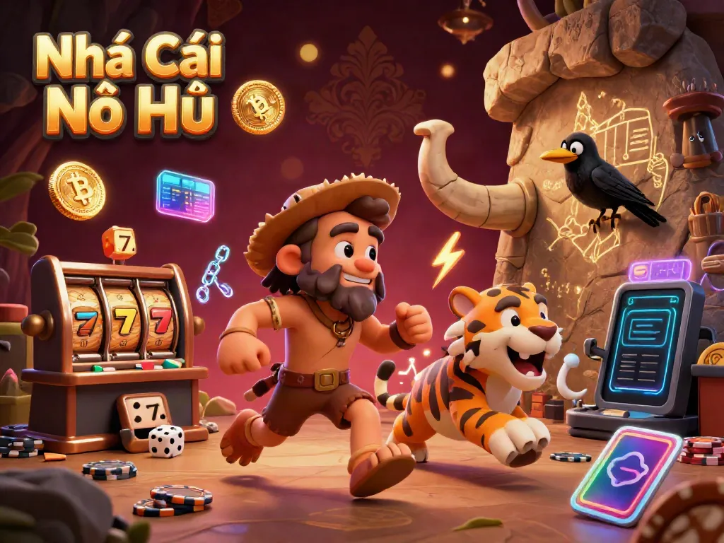 Experience excitement with Nhà Cái Nổ Hũ's vibrant prehistoric casino featuring energetic characters and dynamic slot elements.