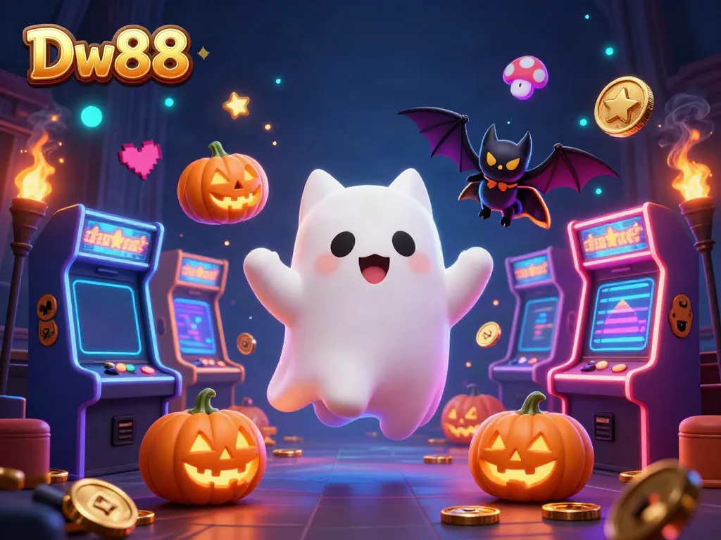 Engage with thrilling gaming at Dw88, featuring a friendly ghost cat and a vampire bat in a vibrant casino.