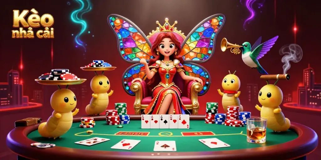 Experience Kèo nhà cái as vibrant casino elements surround a butterfly queen in an immersive 3D scene.