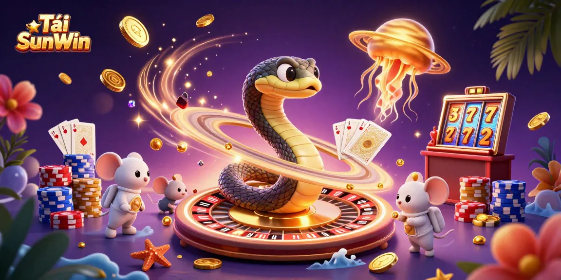 Tải SunWin showcases an exciting cosmic gambling scene with vibrant characters and casino elements.