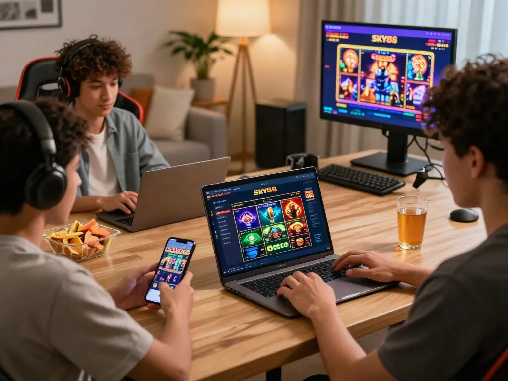 Exciting online gaming experience on SKY88 with players engaging on various devices, showcasing sports betting and casino games.