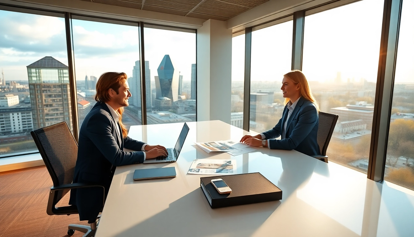 Immobilienmakler Frankfurt Dornbusch beraten engagiert in modernem Büro mit Frankfurt Panorama.