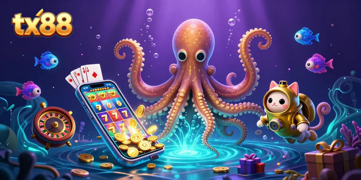 Experience the thrill of tx88 with a Kraken and cat gaming in a treasure-filled ocean.