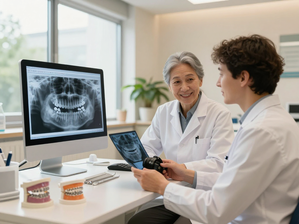 Kieferorthopädie consultation in a modern dental practice with an orthodontist examining x-rays.