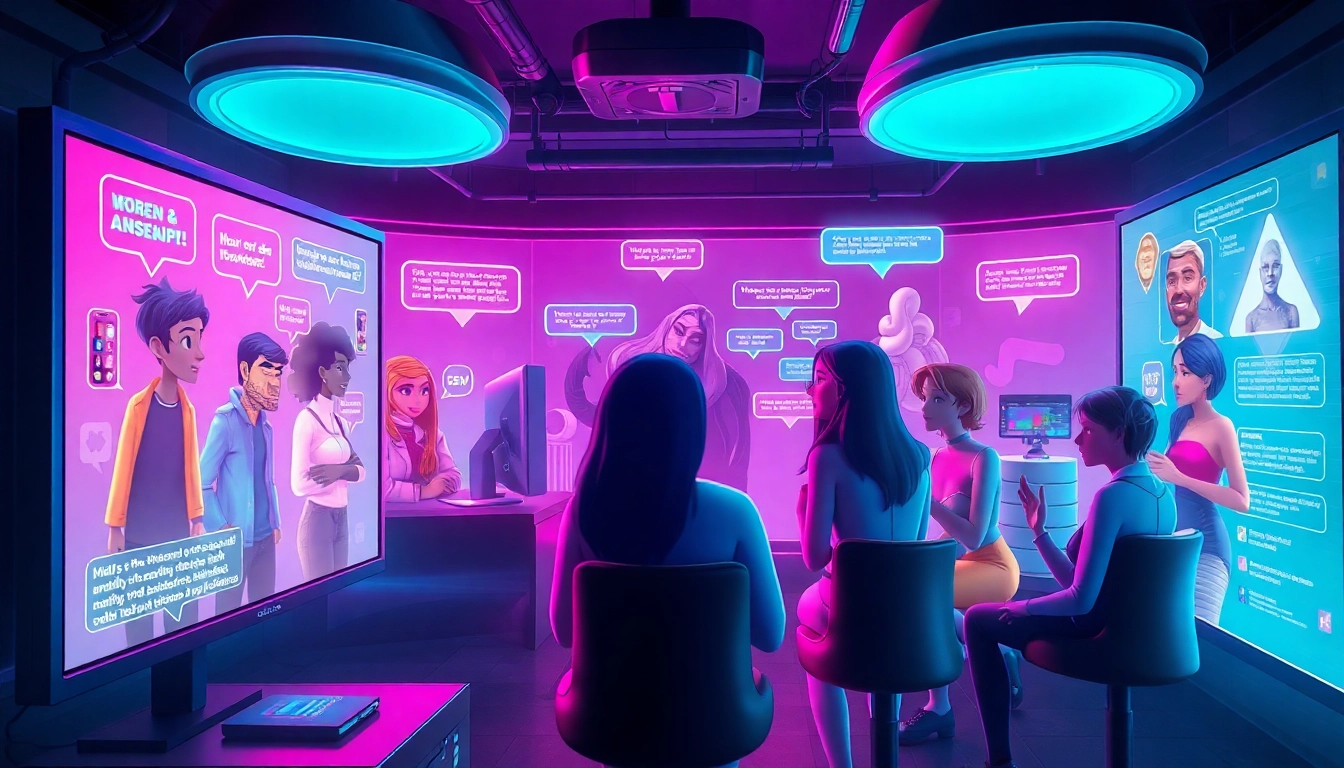 Engaging NSFW chat interactions in a vibrant digital setting with diverse avatars.