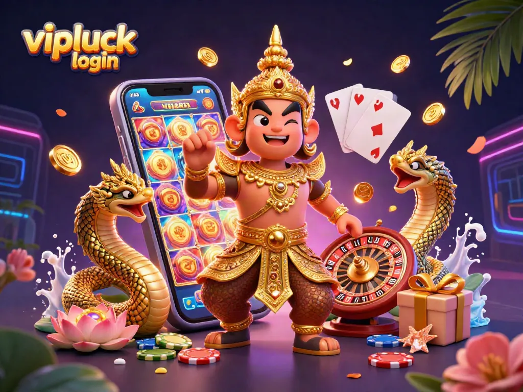 Engage with vipluck login in this vibrant 3D casino scene featuring a temple guardian and Naga serphants.