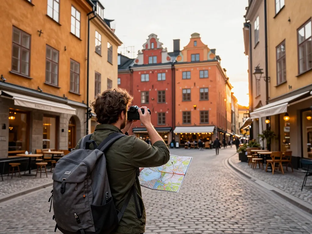 Reisetipps Stockholm Reisender genießt die historischen Straßen von Gamla Stan während des Sonnenuntergangs.