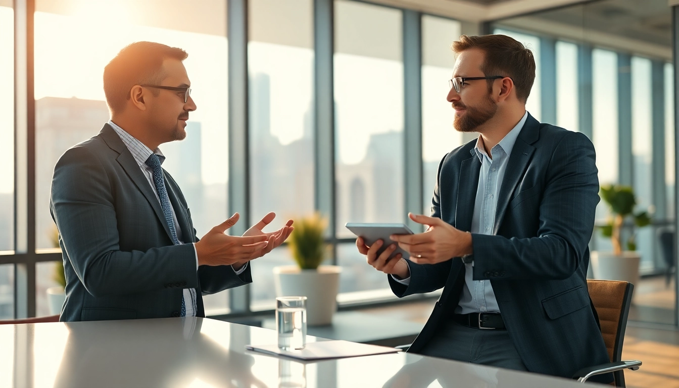 Headhunter IT bespricht Strategien mit einem Technologie-Kunden in modernem Büro.
