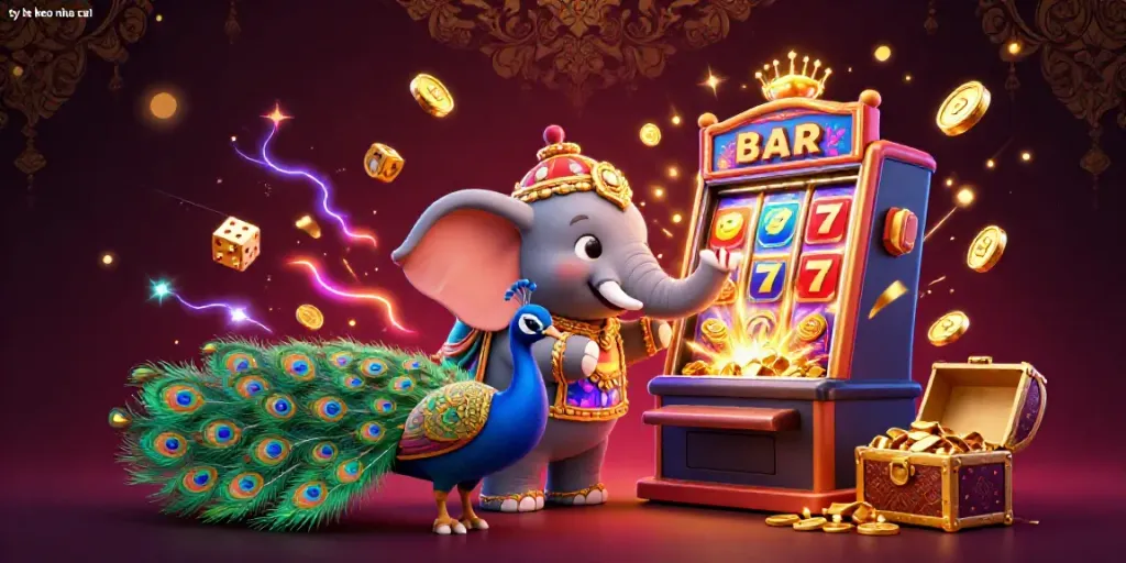 Engage with exciting features of ty le keo nha cai as the elephant and peacock celebrate big wins in a rich casino setting.