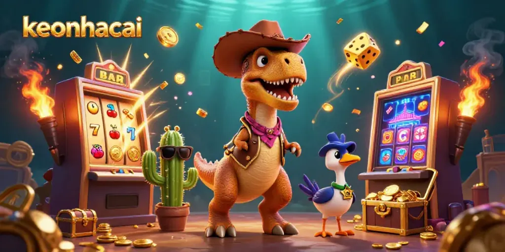 Engaging illustration showcasing keonhacai with a cartoon dinosaur surrounded by vibrant casino elements.