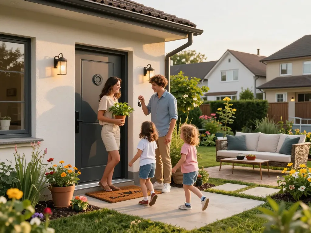 Moderne Haustür, die den Eingang eines Familienhauses während des Sonnenuntergangs mit Grünpflanzen einladend gestaltet.