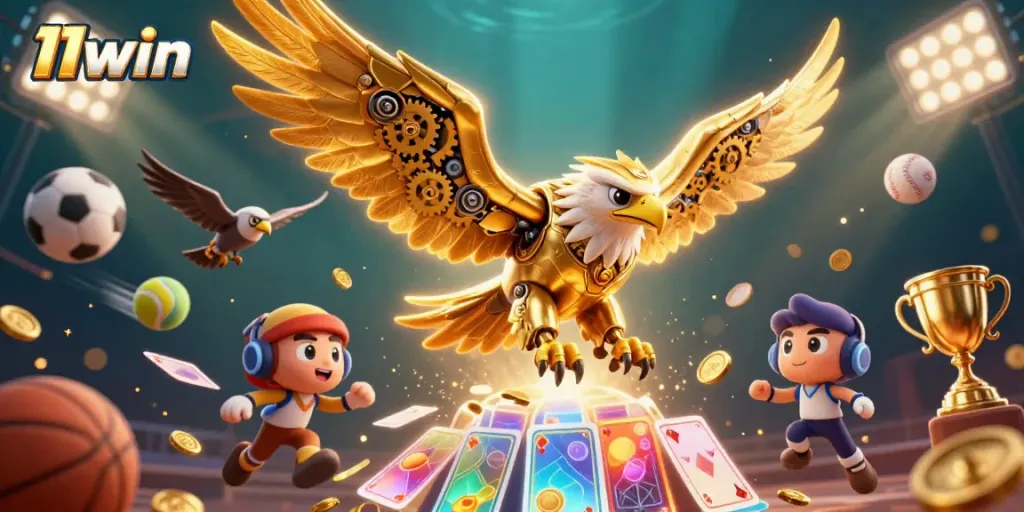 Experience the excitement of 11win with a dynamic 3D scene featuring a cybernetic eagle, sports elements, and holographic visuals.