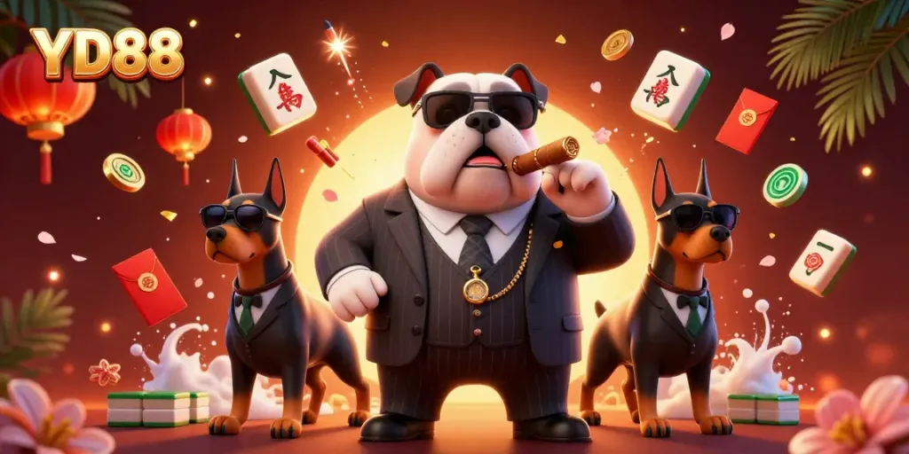 Bet with confidence at YD88, featuring a cartoon mafia bulldog boss surrounded by festive gambling elements.