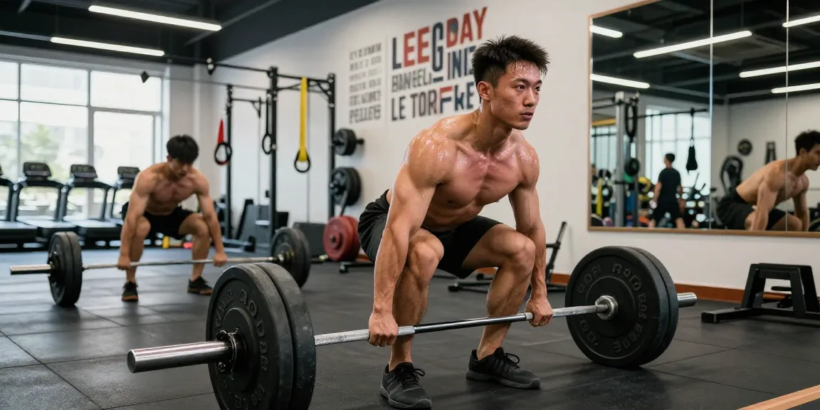 Anabolikashop: Bodybuilder beim Deadlifts im modernen Fitnessstudio mit Gewichten und motivierenden Zitaten.