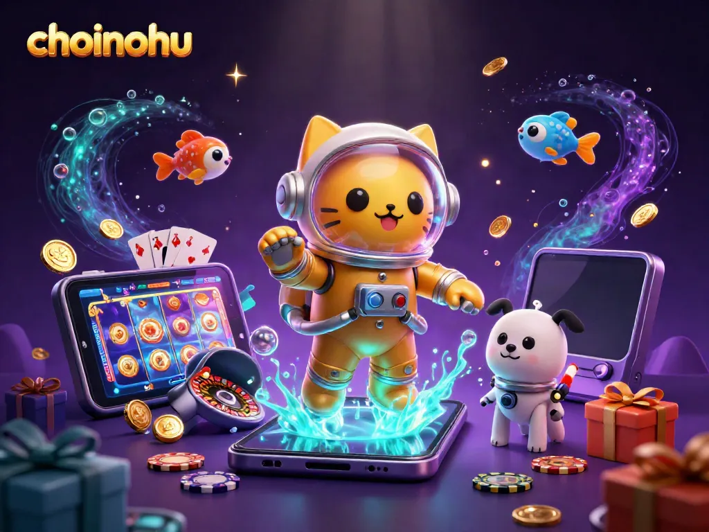 Spin colorful slot games in choinohu with a space-faring astronaut cat and robot dog in a cosmic scene.