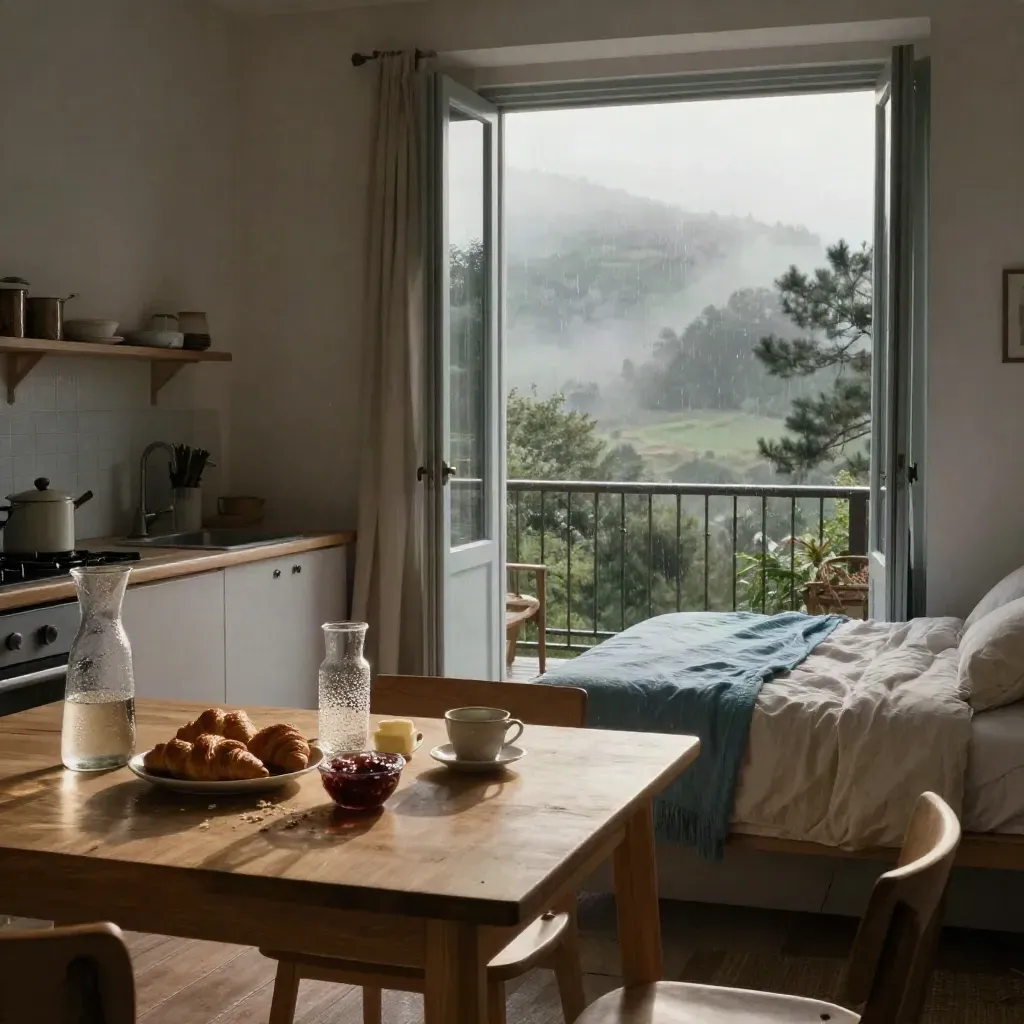 Ferienapartment mit Frühstückstisch, Bett und geöffnetem Balkon ins neblige Tal.