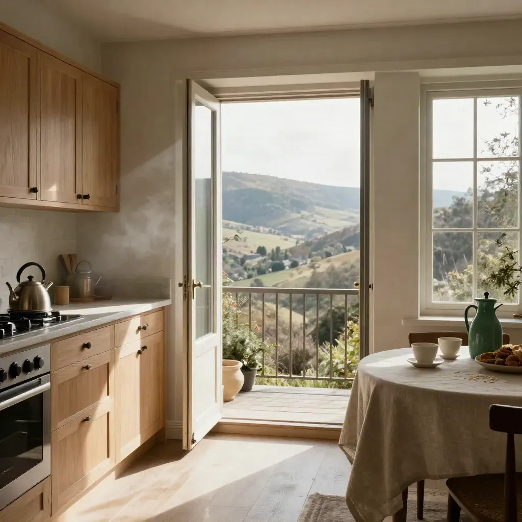 Helles Ferienapartment mit offener Balkontür, Küche, Frühstückstisch und Talblick im Morgenlicht.