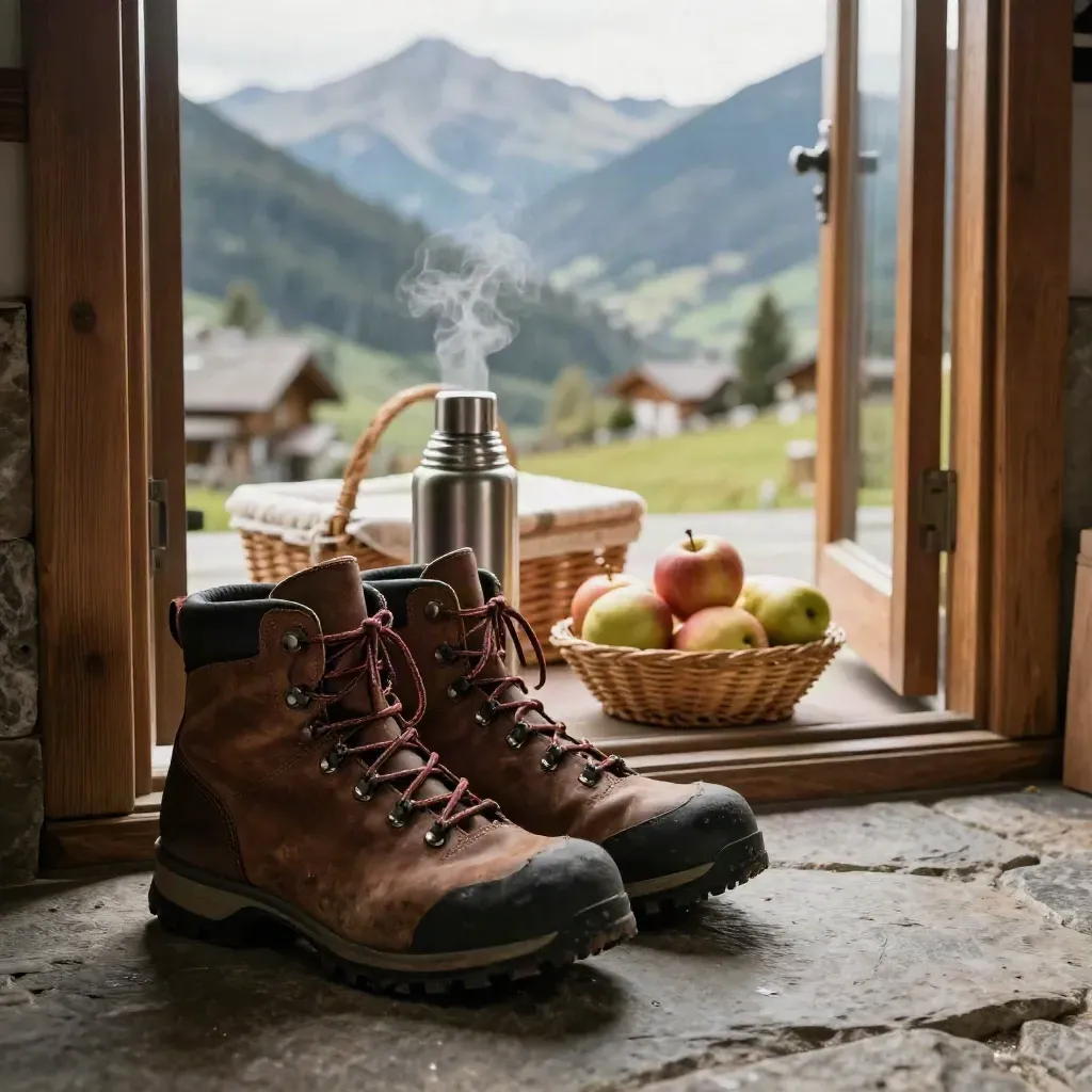 Wanderschuhe, Thermoskanne und Frühstückskorb am Türschwellen im Morgenlicht