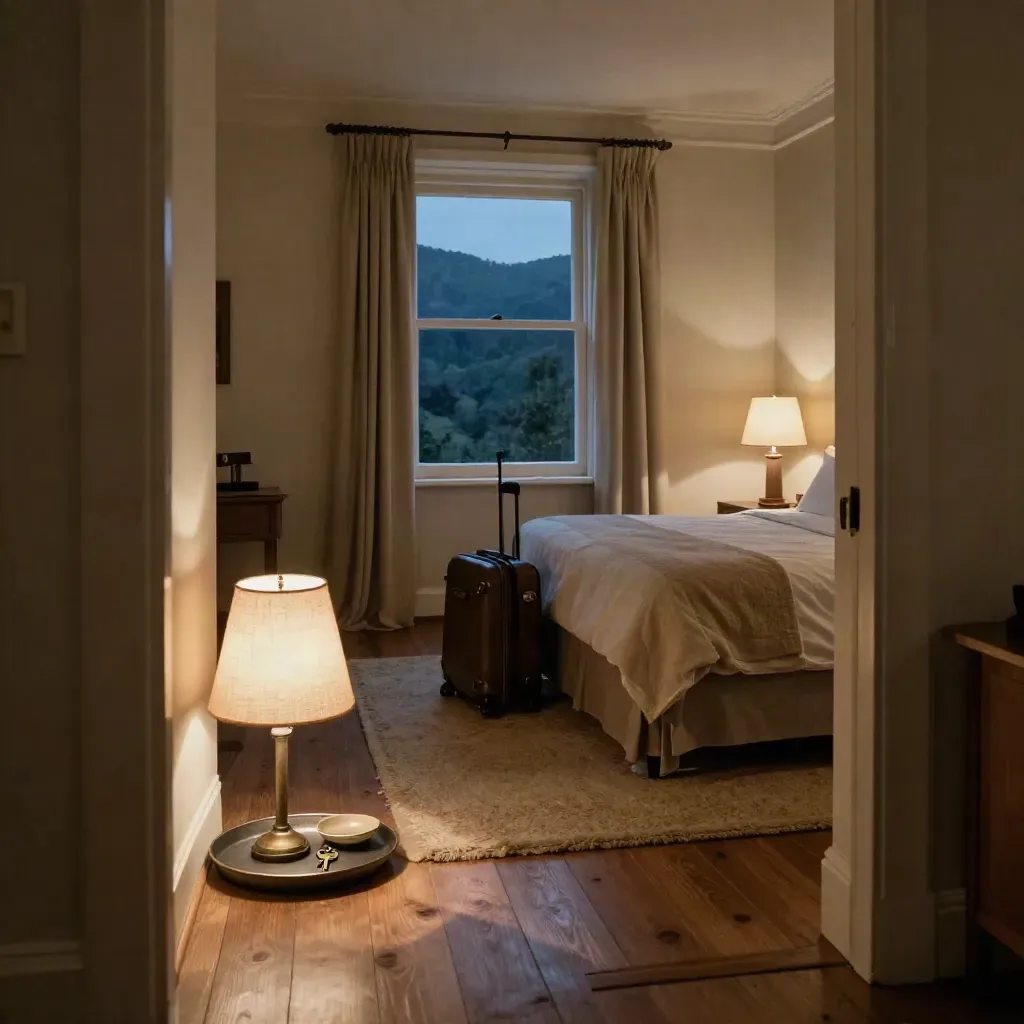 Warmes Gästezimmer mit Koffer, Schlüsseltablett und geöffnetem Vorhang zum Tal.