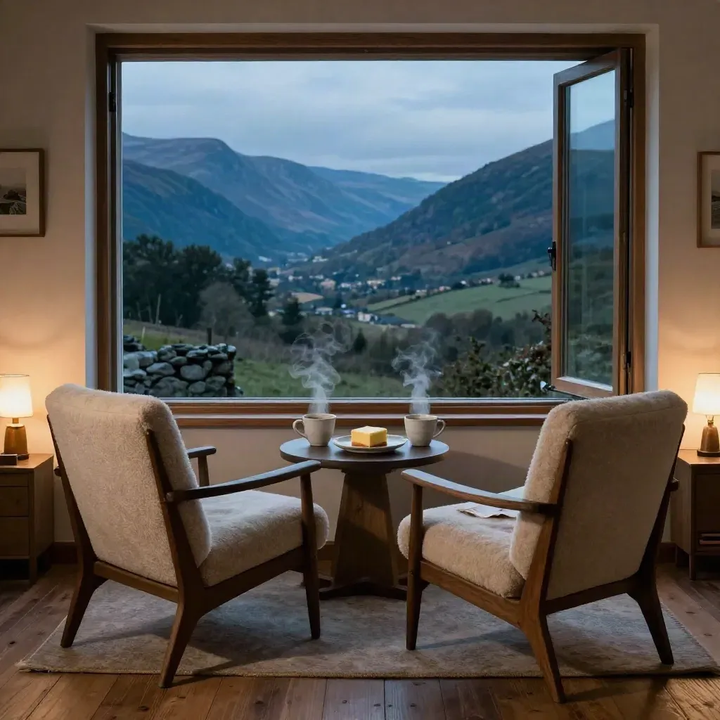 Zwei Sessel mit Kaffeetassen und Kuchen vor offenem Talblick am Abend