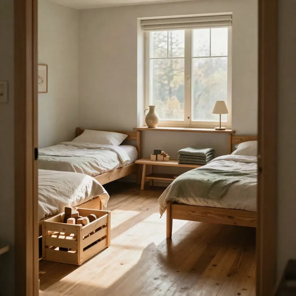 Helles Familienapartment mit zwei Betten, Spielkiste, Bank und Fensterbank im warmen Sonnenlicht.