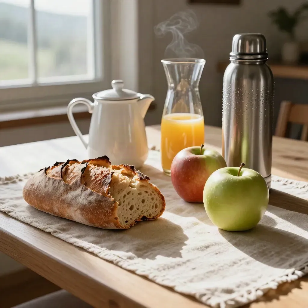 Frühstückstisch am Fenster mit Brot, Äpfeln, Kanne, Saft und Thermoskanne.