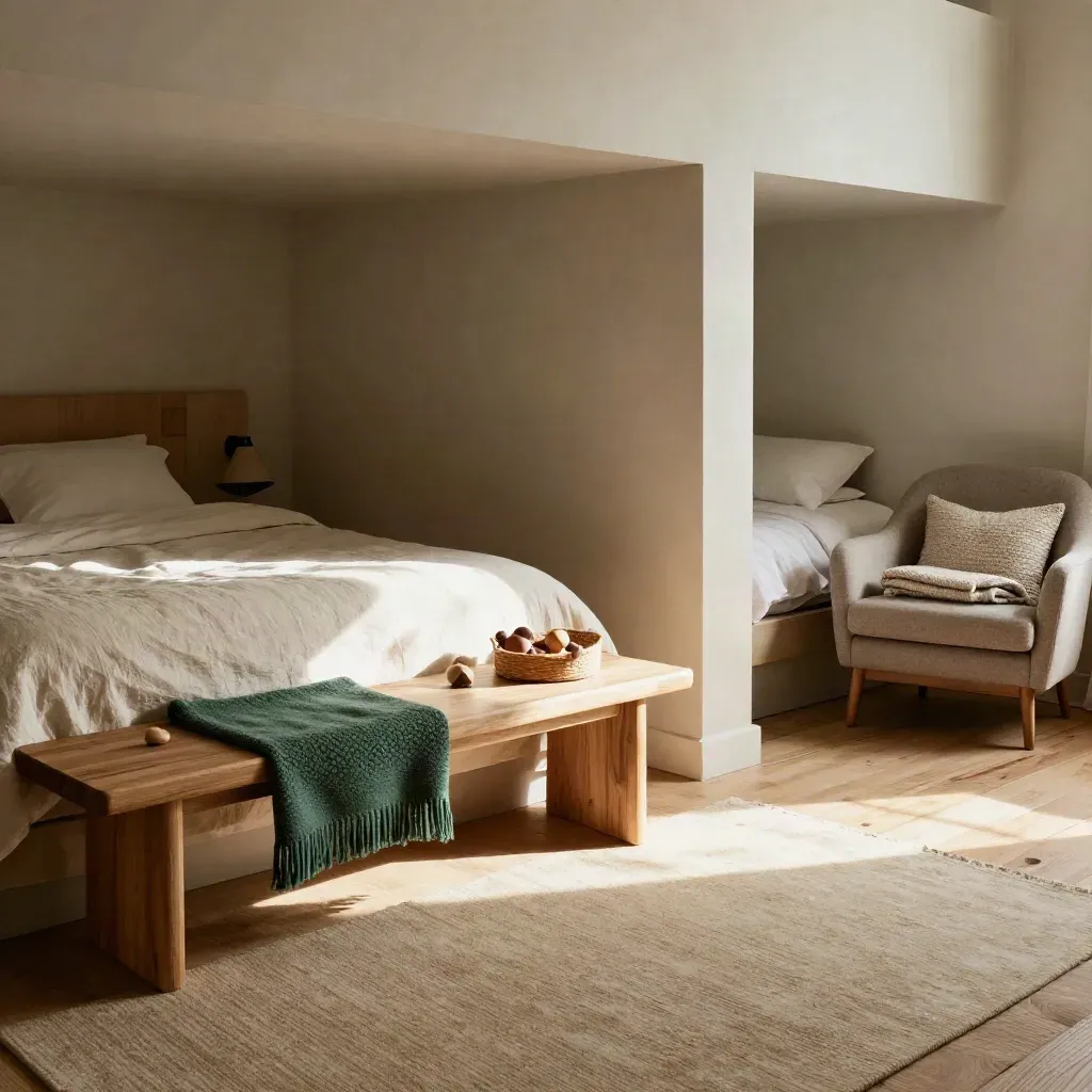 Familienapartment mit zwei Schlafbereichen, Holzspielzeug und Leseecke im warmen Tageslicht.