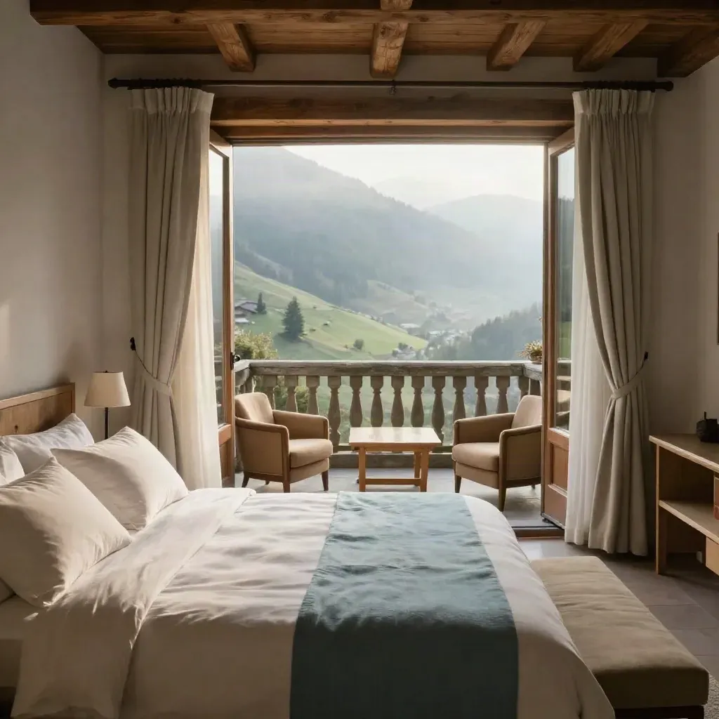 Offenes Doppelzimmer mit Balkonblick ins Tal, zwei Sessel und gemachtes Bett im sanften Licht.