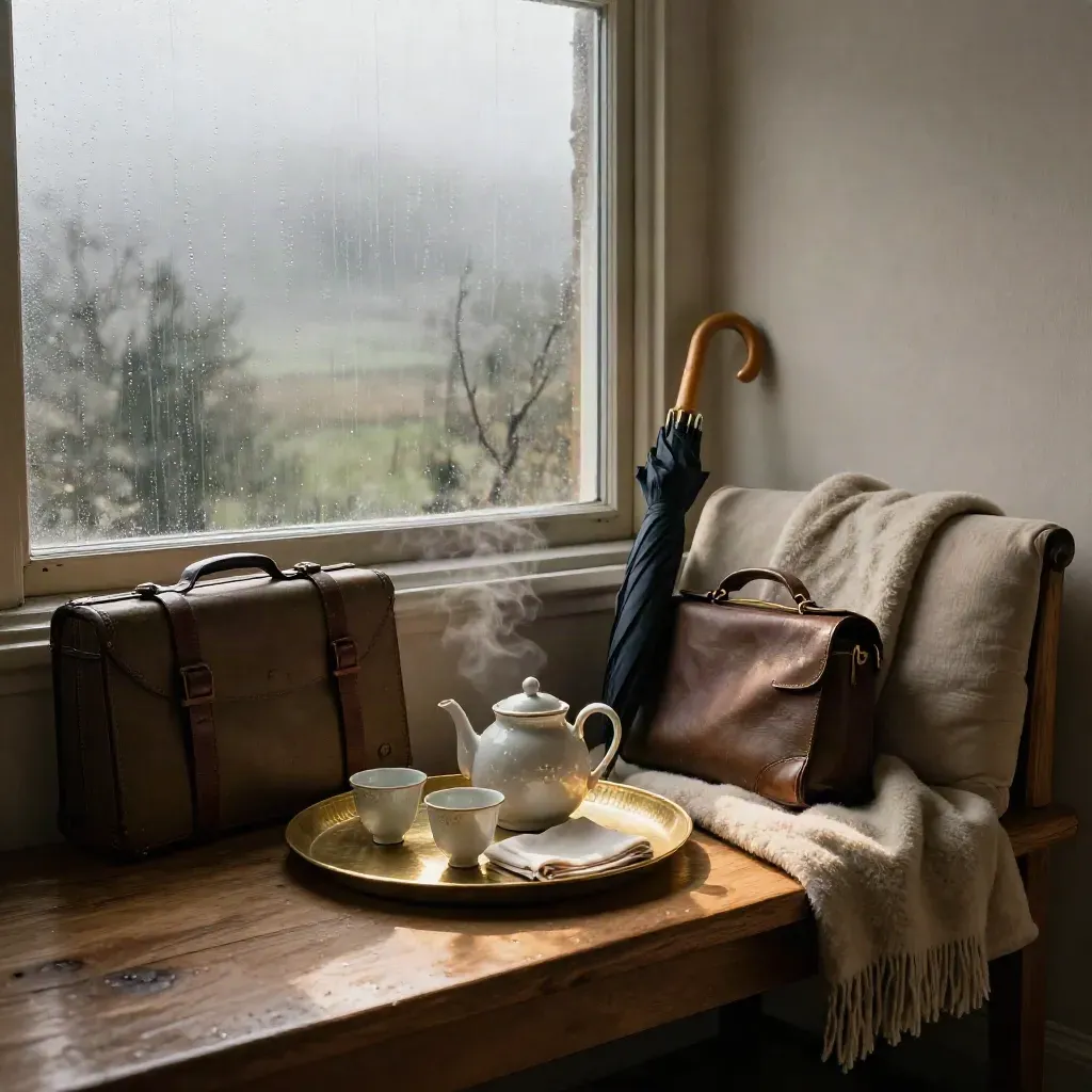 Regentags-Ecke mit Teetablett, Ausflugsetui, Schirmständer, Wolldecke und beschlagenem Fenster