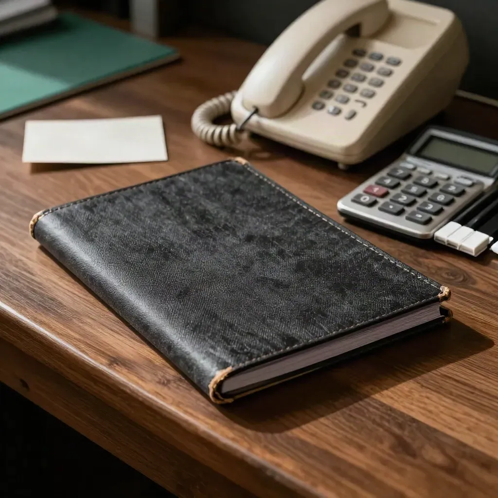 Leinen-Buchungsmappe, Taschenrechner und Telefonhörer auf dunkler Holztheke