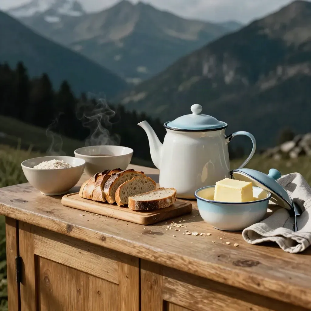 Frühstücksservice mit Emaillekanne, Brot, Butterdose und Leinenservietten im warmen Licht.
