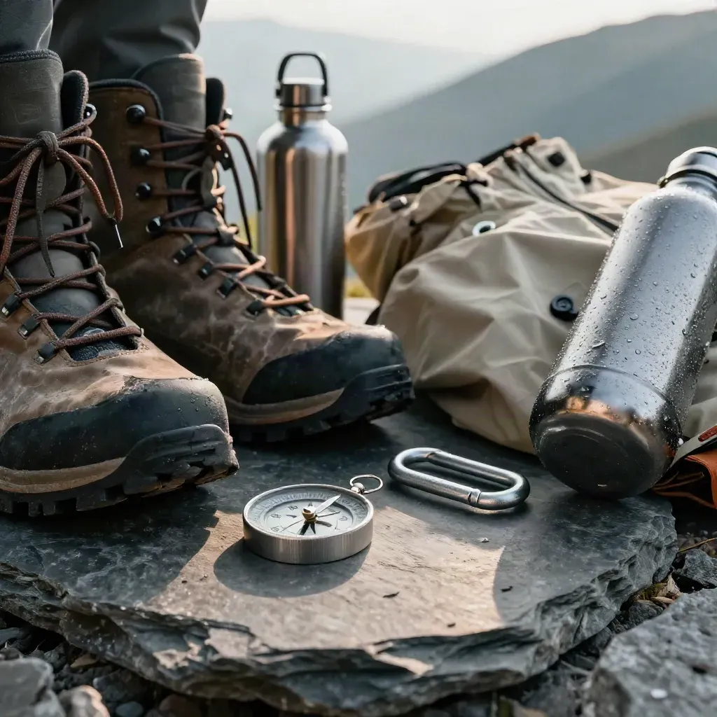Wanderstiefel, Kompass, Regenjacke und Trinkflasche am Morgen vor der Hüttentür.