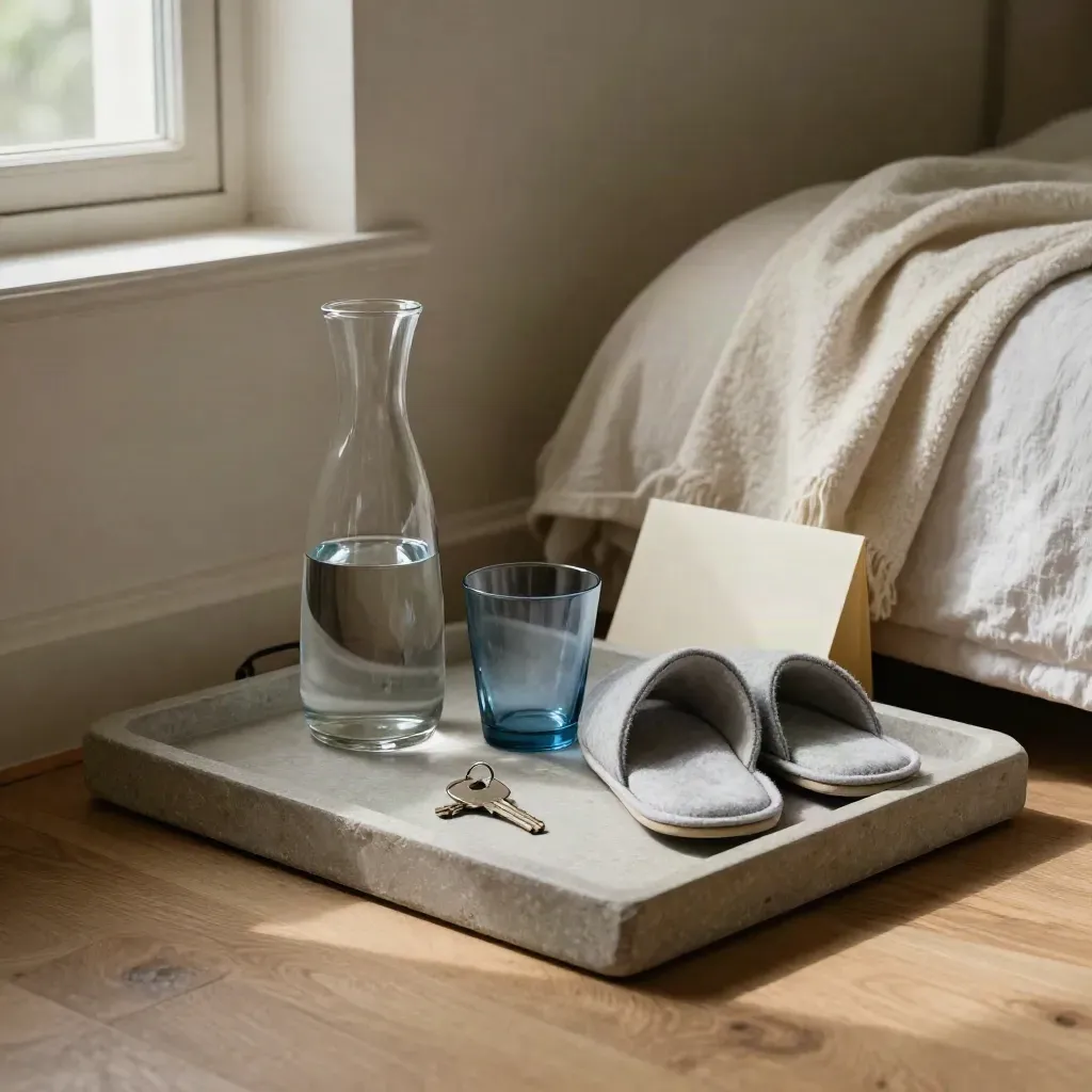 Tablett am Bettrand mit Schlüssel, Wasserkaraffe, Hausschuhen und gefalteter Decke im warmen Licht.