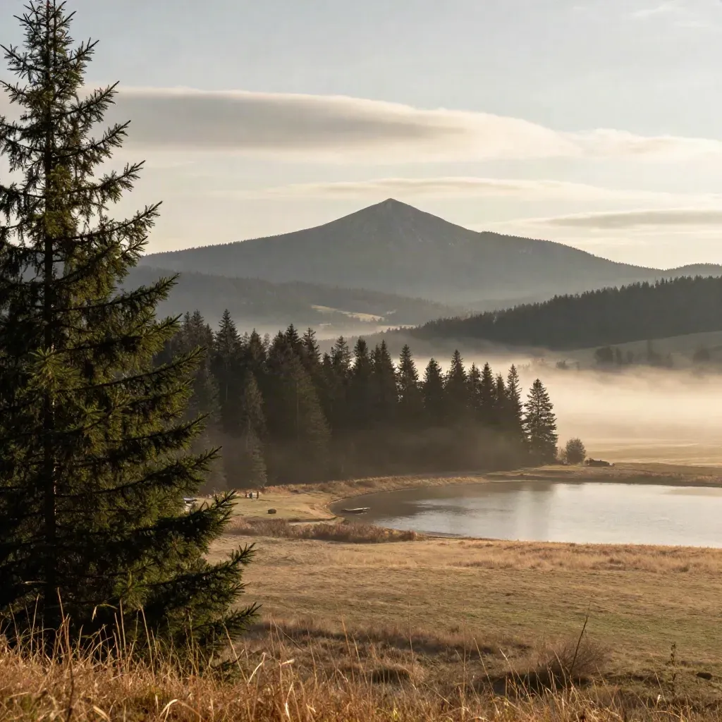 Hochschwarzwald mit dunkler Fichtenkante, ruhigem Seeausläufer und Feldberg im warmen Abendlicht.