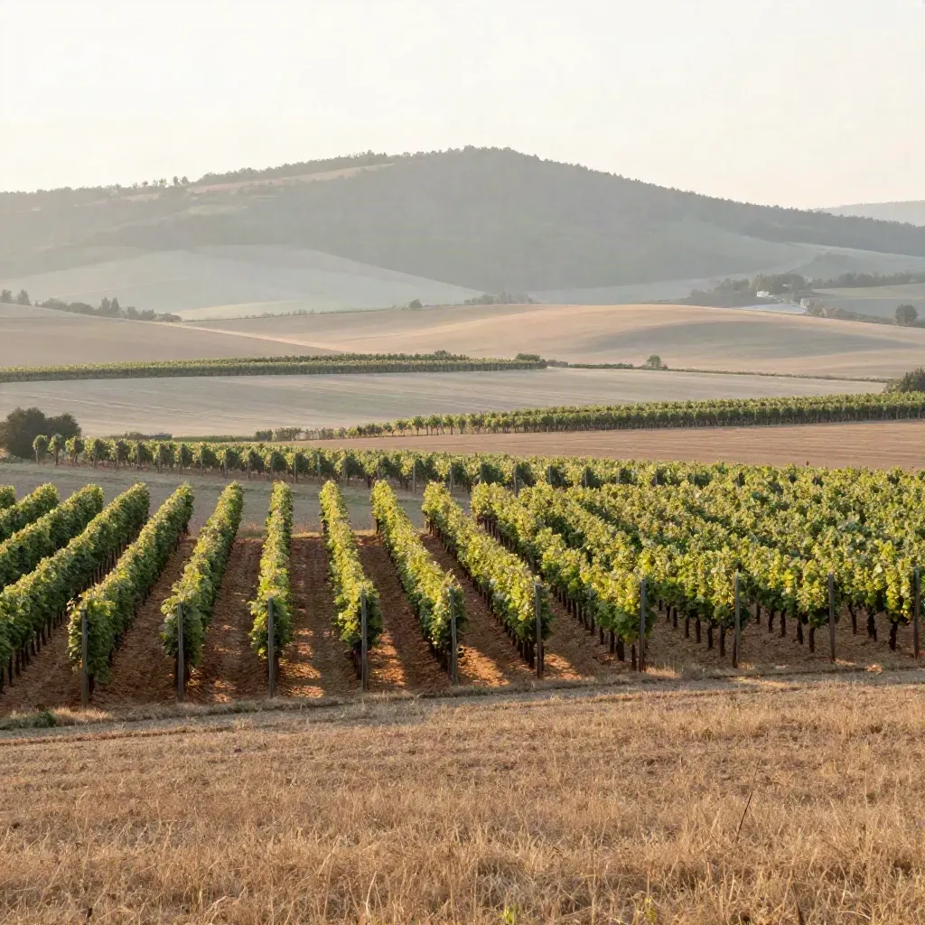Blick über das Markgräfler Land mit Weinlagen, Obstbäumen und fernen Hügeln im Dunst