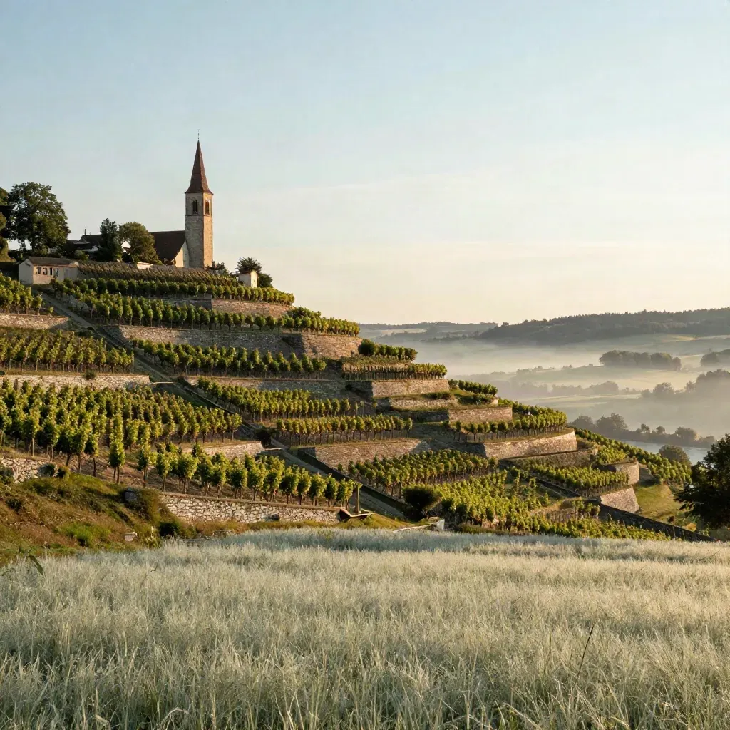 Breisgau mit Weinbergterrassen, Kirchturm und Dunst über der Rheinebene